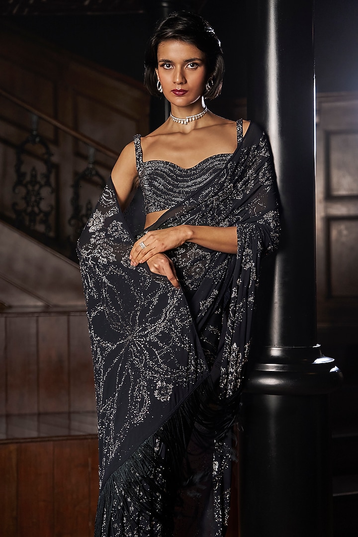 Steel Blue Georgette Crystal Embroidered Bridal Saree Set by Seema Gujral at Pernia's Pop Up Shop