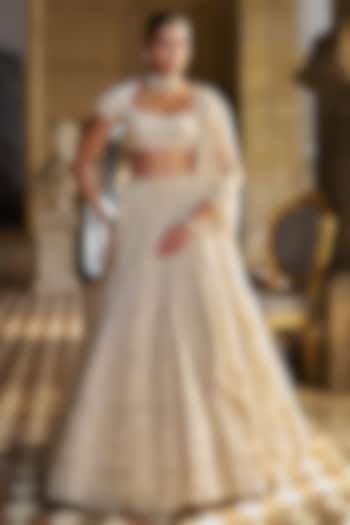 Ivory Organza Pearl Embroidered Bridal Lehenga Set by Seema Gujral at Pernia's Pop Up Shop