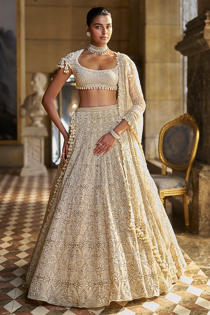 Ivory Organza Pearl Embroidered Bridal Lehenga Set by Seema Gujral at Pernia's Pop Up Shop