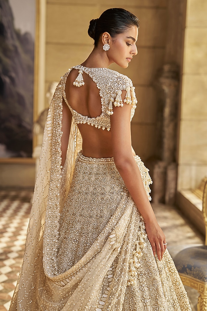 Ivory Organza Pearl Embroidered Bridal Lehenga Set by Seema Gujral at Pernia's Pop Up Shop