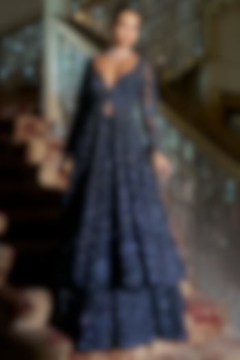 Midnight Blue Net Sequins Embroidered Bridal Lehenga Set by Seema Gujral at Pernia's Pop Up Shop