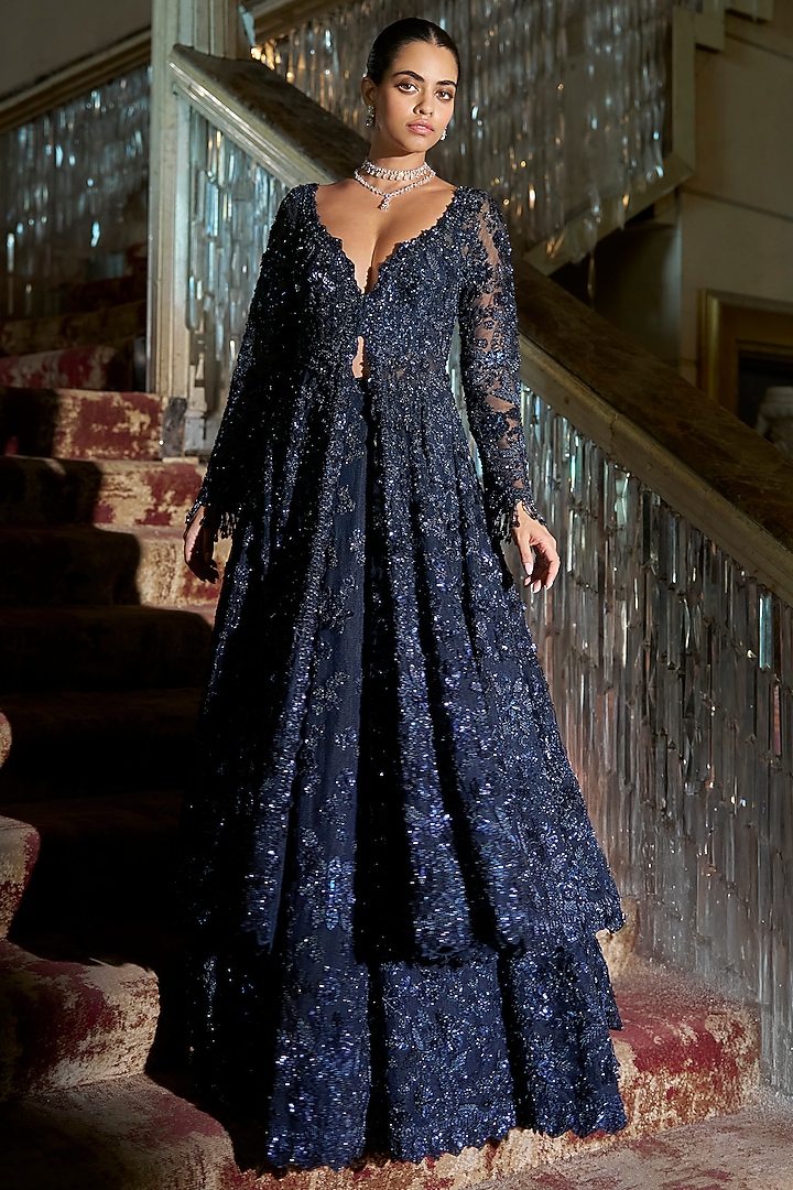 Midnight Blue Net Sequins Embroidered Bridal Lehenga Set by Seema Gujral at Pernia's Pop Up Shop