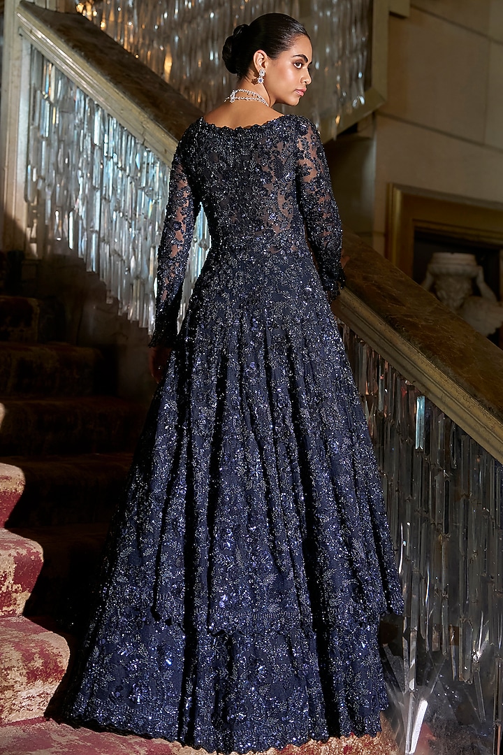 Midnight Blue Net Sequins Embroidered Bridal Lehenga Set by Seema Gujral at Pernia's Pop Up Shop