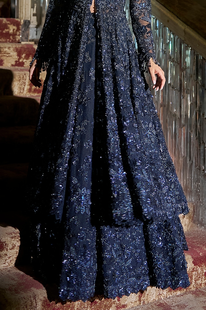 Midnight Blue Net Sequins Embroidered Bridal Lehenga Set by Seema Gujral at Pernia's Pop Up Shop