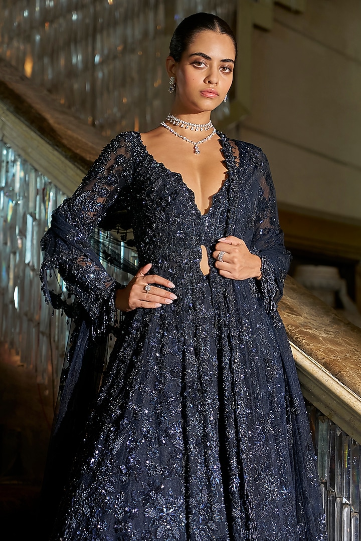 Midnight Blue Net Sequins Embroidered Bridal Lehenga Set by Seema Gujral at Pernia's Pop Up Shop