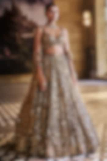 Metallic Gold Net Crystal Embroidered Bridal Lehenga Set by Seema Gujral at Pernia's Pop Up Shop