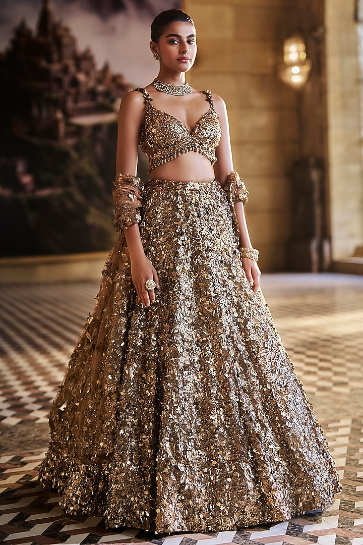 Metallic Gold Net Crystal Embroidered Bridal Lehenga Set by Seema Gujral at Pernia's Pop Up Shop
