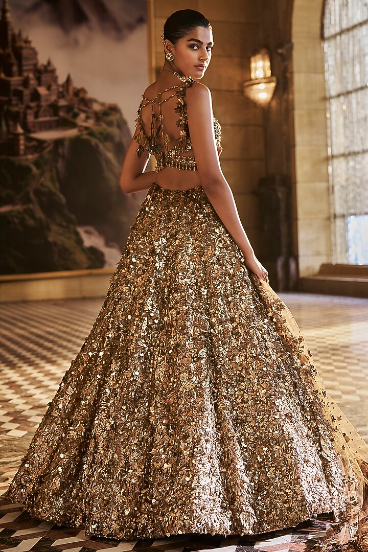 Metallic Gold Net Crystal Embroidered Bridal Lehenga Set by Seema Gujral at Pernia's Pop Up Shop