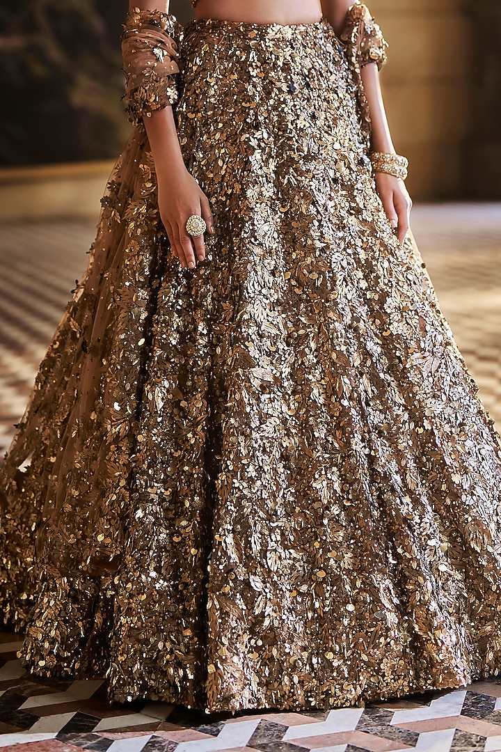 Metallic Gold Net Crystal Embroidered Bridal Lehenga Set by Seema Gujral at Pernia's Pop Up Shop
