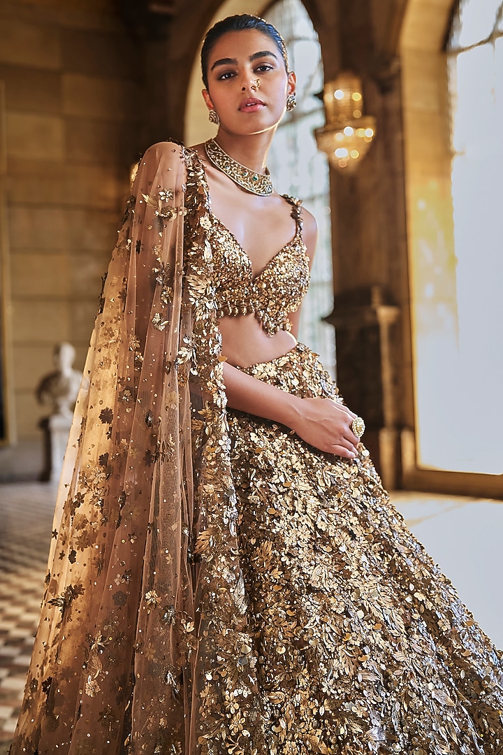Metallic Gold Net Crystal Embroidered Bridal Lehenga Set by Seema Gujral at Pernia's Pop Up Shop