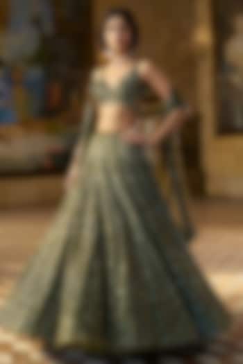 Moss Green Organza Sequins Embroidered Bridal Lehenga Set by Seema Gujral at Pernia's Pop Up Shop
