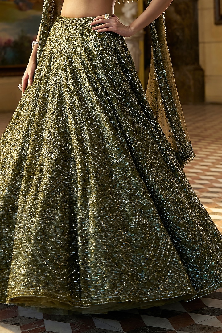 Moss Green Organza Sequins Embroidered Bridal Lehenga Set by Seema Gujral at Pernia's Pop Up Shop