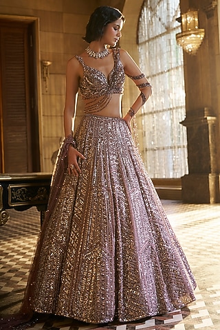 Dusty Mauve Organza Sequins Embroidered Lehenga Set by Seema Gujral