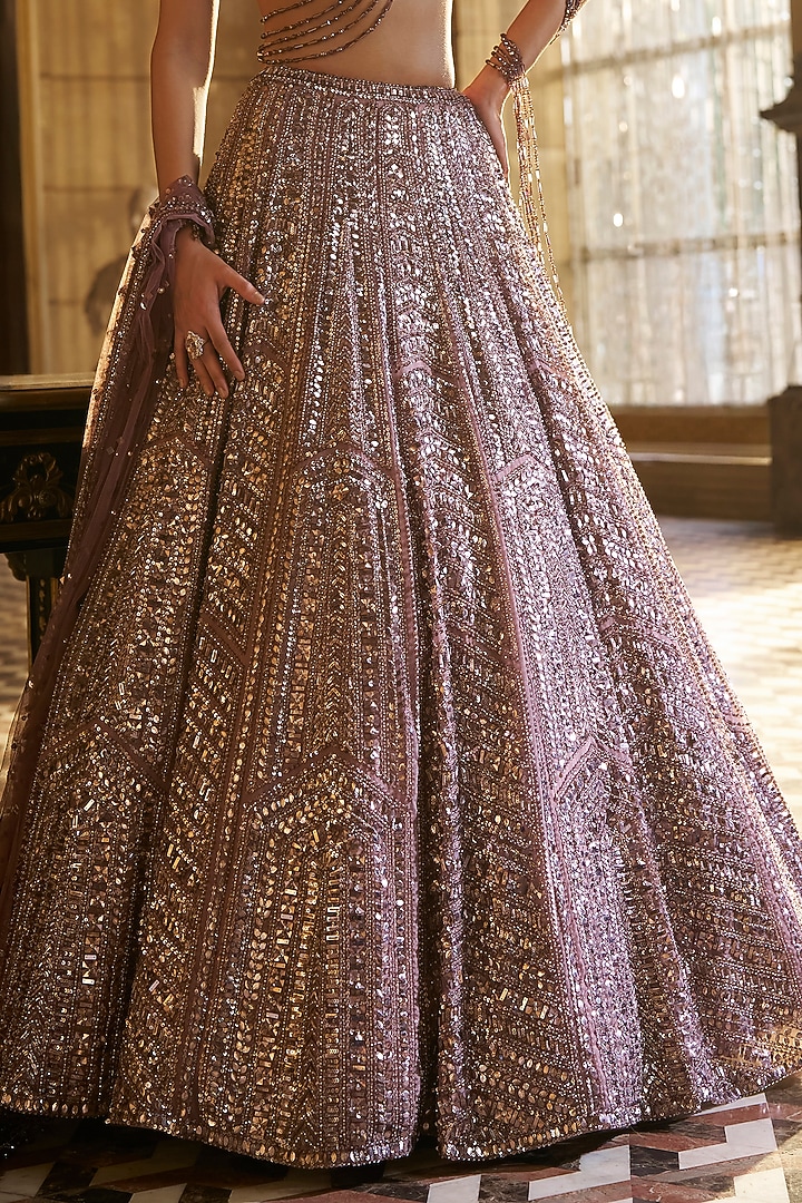 Dusty Mauve Organza Sequins Embroidered Bridal Lehenga Set by Seema Gujral at Pernia's Pop Up Shop