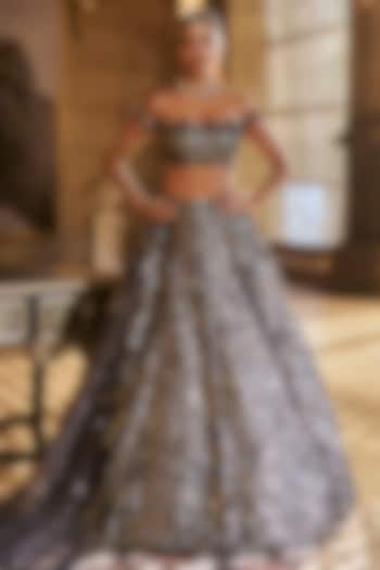 Metallic Silver Net Sequins Embroidered Bridal Lehenga Set by Seema Gujral at Pernia's Pop Up Shop