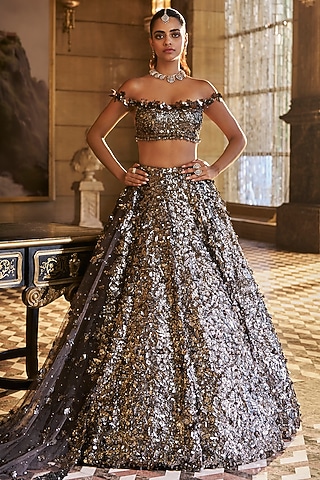 Metallic Silver Net Sequins Embroidered Lehenga Set by Seema Gujral
