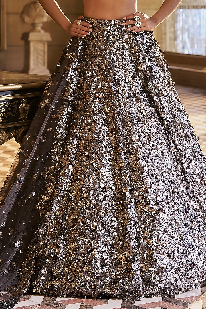 Metallic Silver Net Sequins Embroidered Bridal Lehenga Set by Seema Gujral at Pernia's Pop Up Shop