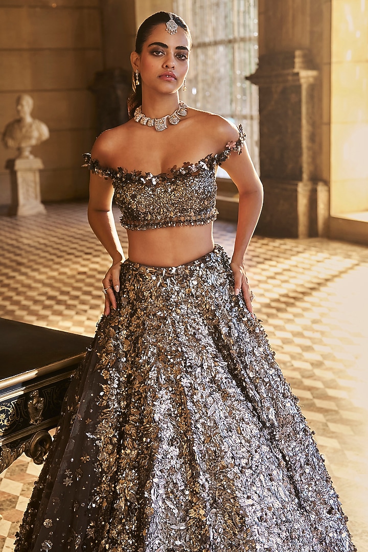 Metallic Silver Net Sequins Embroidered Bridal Lehenga Set by Seema Gujral at Pernia's Pop Up Shop