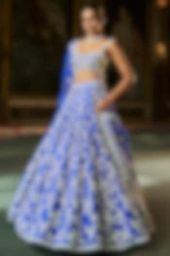 Blue Raw Silk Pearl & Sequins Embroidered Bridal Lehenga Set by Seema Gujral at Pernia's Pop Up Shop