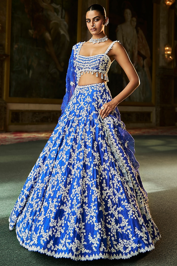 Blue Raw Silk Pearl & Sequins Embroidered Bridal Lehenga Set by Seema Gujral at Pernia's Pop Up Shop