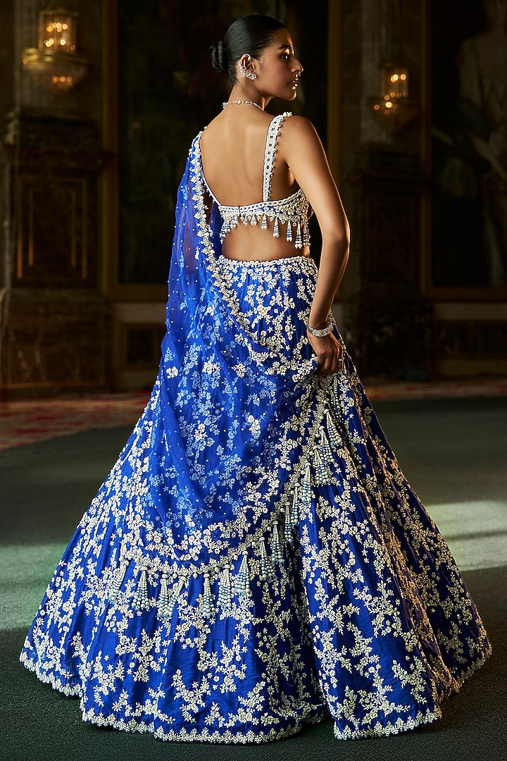 Blue Raw Silk Pearl & Sequins Embroidered Bridal Lehenga Set by Seema Gujral at Pernia's Pop Up Shop