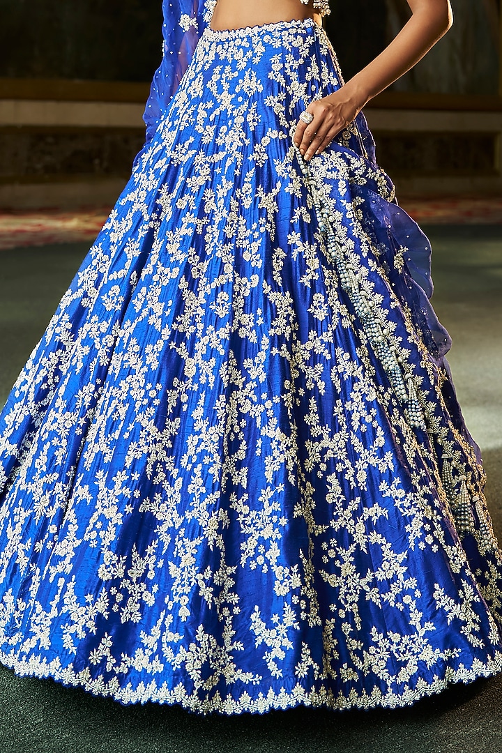Blue Raw Silk Pearl & Sequins Embroidered Bridal Lehenga Set by Seema Gujral at Pernia's Pop Up Shop