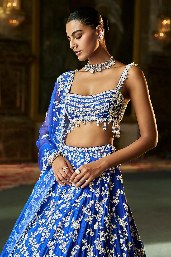 Blue Raw Silk Pearl & Sequins Embroidered Bridal Lehenga Set by Seema Gujral at Pernia's Pop Up Shop