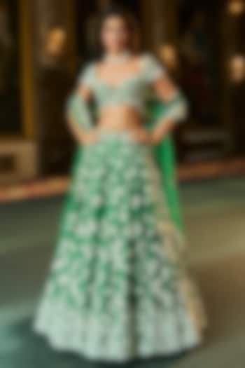Green Raw Silk Pearl & Sequins Embroidered Bridal Lehenga Set by Seema Gujral at Pernia's Pop Up Shop
