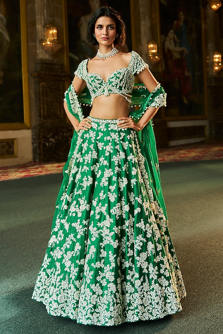 Green Raw Silk Pearl & Sequins Embroidered Bridal Lehenga Set by Seema Gujral at Pernia's Pop Up Shop