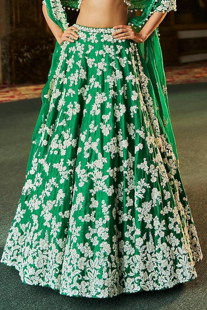 Green Raw Silk Pearl & Sequins Embroidered Bridal Lehenga Set by Seema Gujral at Pernia's Pop Up Shop