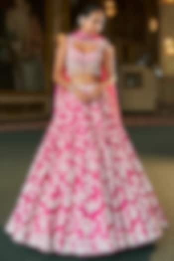 Fuchsia Pink Raw Silk Pearl & Sequins Embroidered Bridal Lehenga Set by Seema Gujral at Pernia's Pop Up Shop