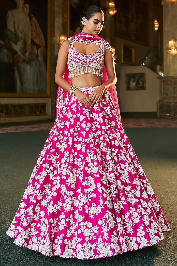Fuchsia Pink Raw Silk Pearl & Sequins Embroidered Bridal Lehenga Set by Seema Gujral at Pernia's Pop Up Shop