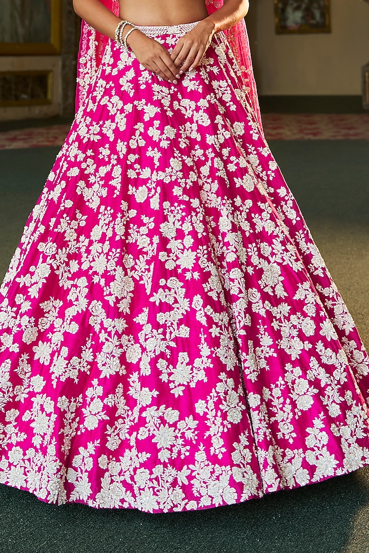 Fuchsia Pink Raw Silk Pearl & Sequins Embroidered Bridal Lehenga Set by Seema Gujral at Pernia's Pop Up Shop