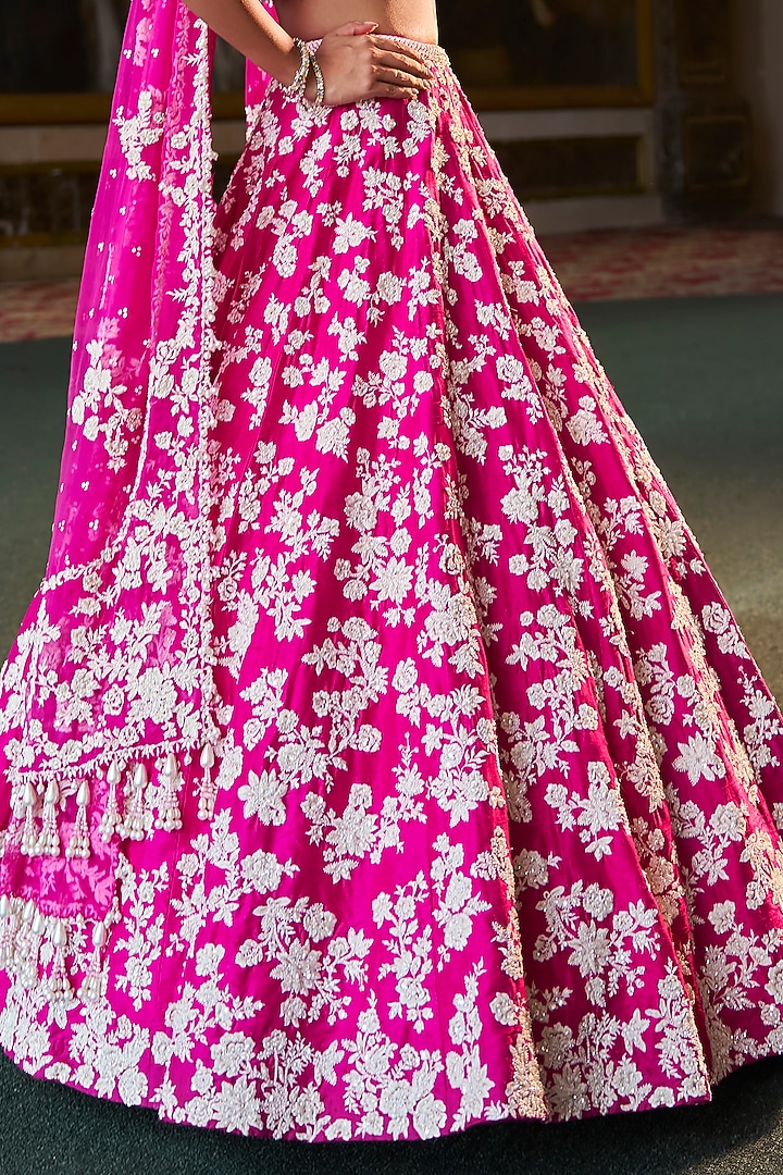 Fuchsia Pink Raw Silk Pearl & Sequins Embroidered Bridal Lehenga Set by Seema Gujral at Pernia's Pop Up Shop