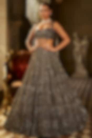 Charcoal Grey Organza Sequins Embroidered Bridal Lehenga Set by Seema Gujral at Pernia's Pop Up Shop