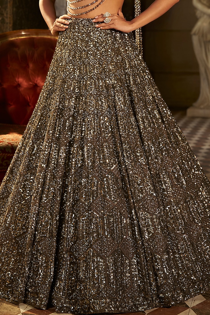 Charcoal Grey Organza Sequins Embroidered Bridal Lehenga Set by Seema Gujral at Pernia's Pop Up Shop