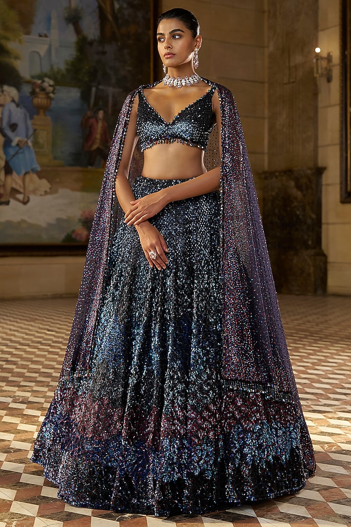 Multi-Colored Net Jewel Tone Embroidered Bridal Lehenga Set by Seema Gujral at Pernia's Pop Up Shop