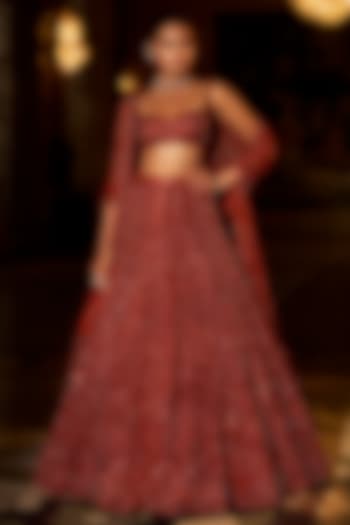 Brick Red Net Sequins Embroidered Bridal Lehenga Set by Seema Gujral at Pernia's Pop Up Shop