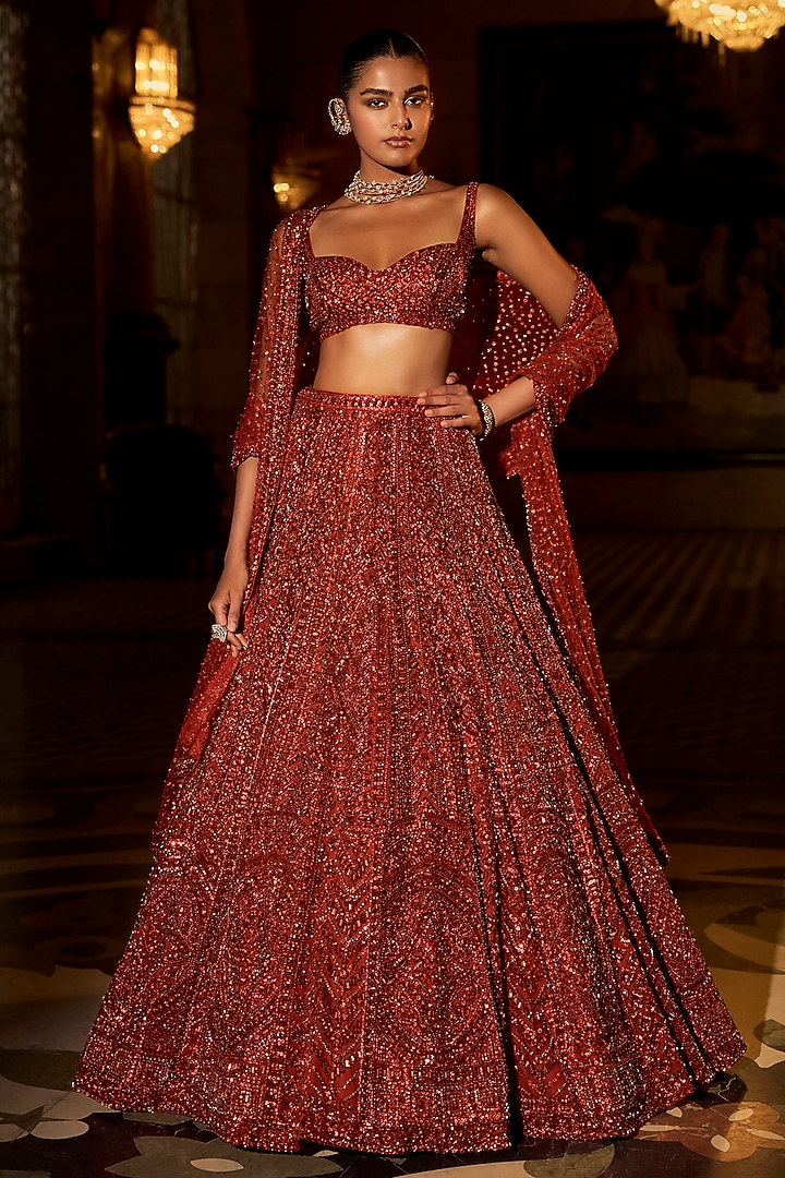 Brick Red Net Sequins Embroidered Bridal Lehenga Set by Seema Gujral at Pernia's Pop Up Shop