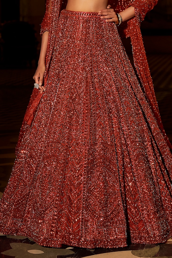 Brick Red Net Sequins Embroidered Bridal Lehenga Set by Seema Gujral at Pernia's Pop Up Shop