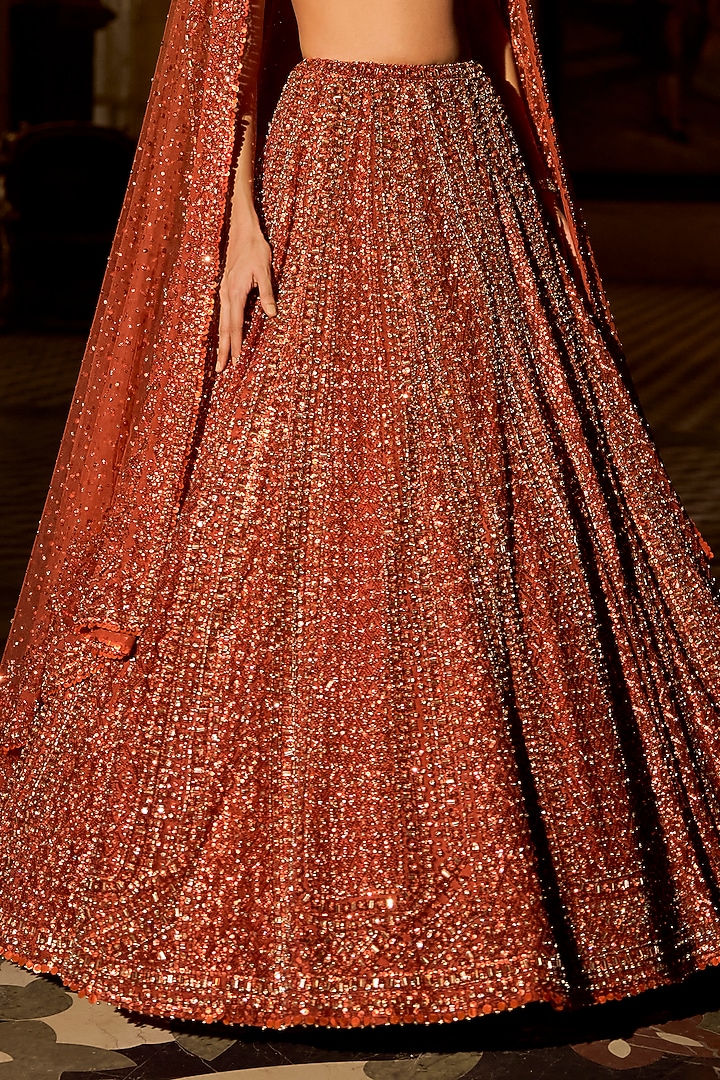 Copper Net Sequins & Beads Embroidered Bridal Lehenga Set by Seema Gujral at Pernia's Pop Up Shop