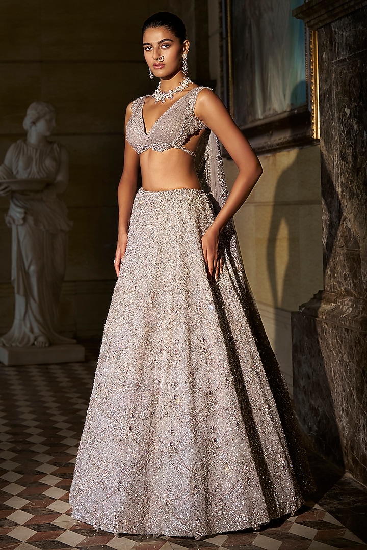 Silver Net Sapphire & Crystal Embroidered Bridal Lehenga Set by Seema Gujral at Pernia's Pop Up Shop