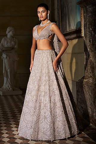 Silver Net Sapphire & Crystal Embroidered Lehenga Set by Seema Gujral