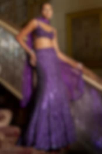Purple Net Sequins Embroidered Mermaid Bridal Lehenga Set by Seema Gujral at Pernia's Pop Up Shop