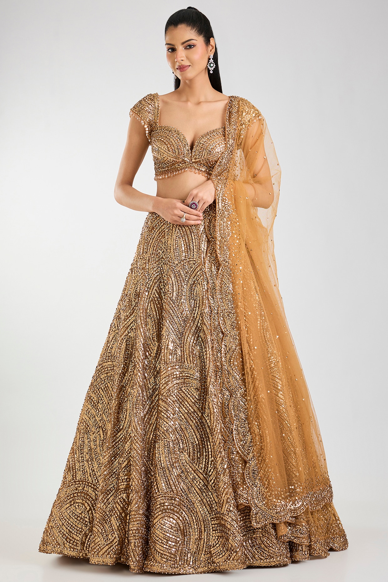 Seema Gujral Antique Gold Net Embroidered Lehenga Set
