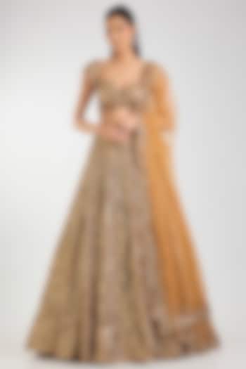 Antique Gold Net Embroidered Bridal Lehenga Set by Seema Gujral at Pernia's Pop Up Shop