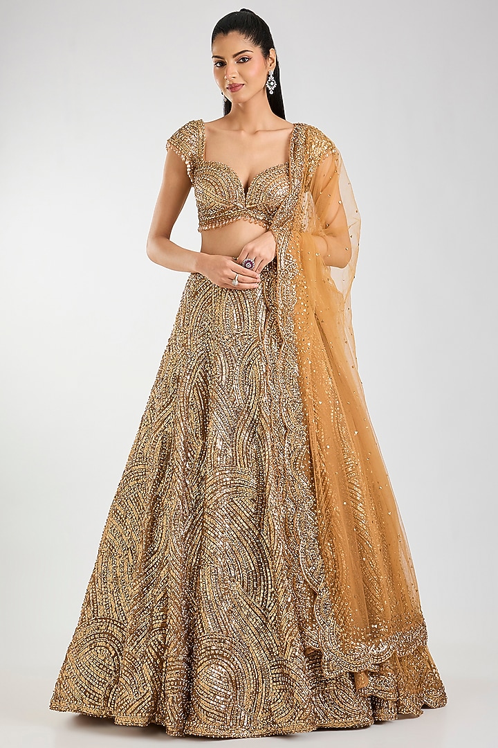 Antique Gold Net Embroidered Bridal Lehenga Set by Seema Gujral at Pernia's Pop Up Shop