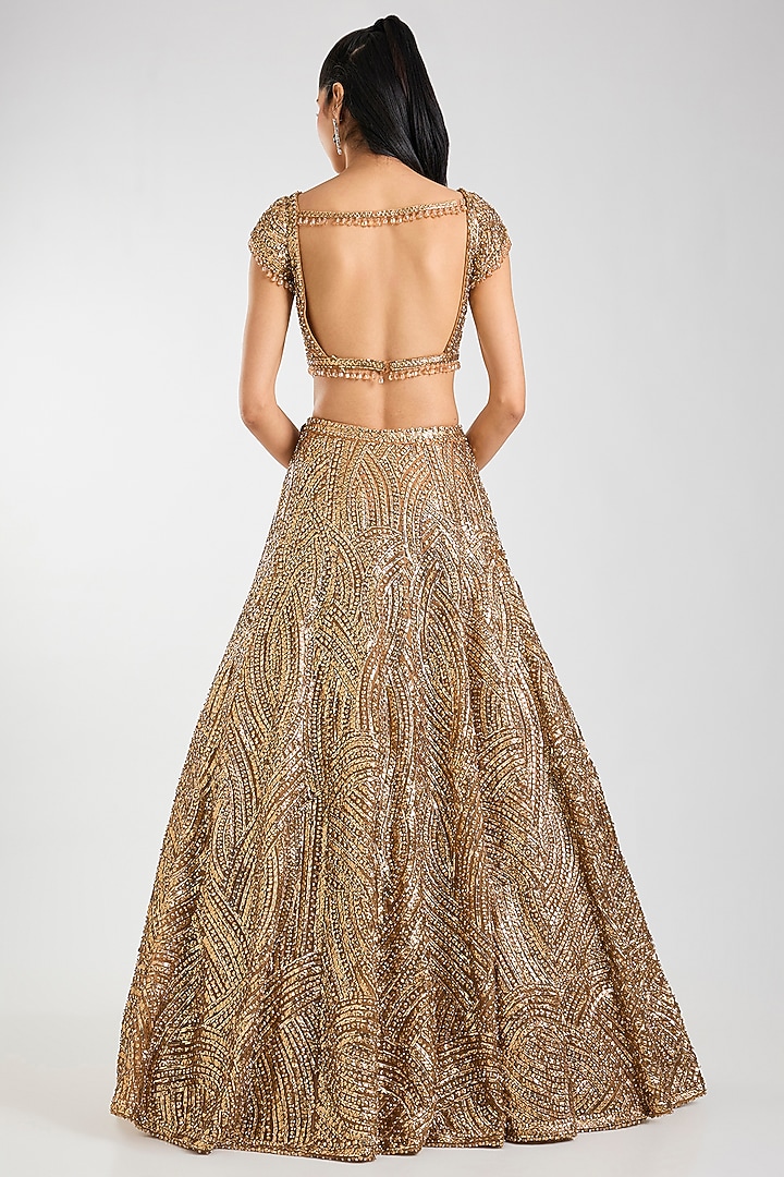 Antique Gold Net Embroidered Bridal Lehenga Set by Seema Gujral at Pernia's Pop Up Shop