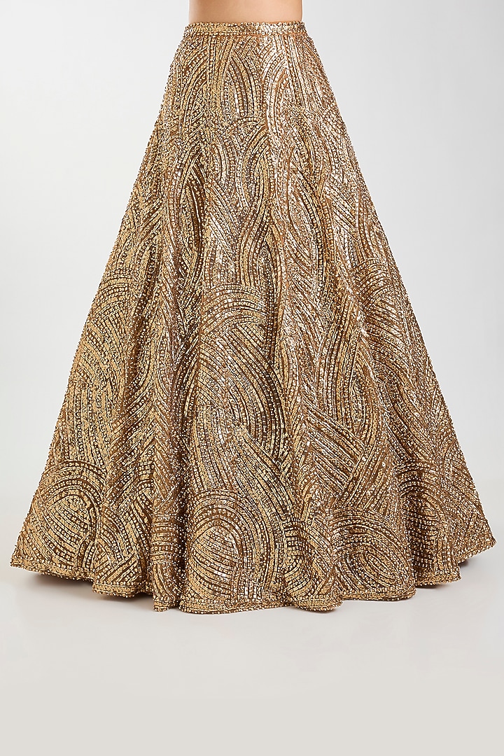 Antique Gold Net Embroidered Bridal Lehenga Set by Seema Gujral at Pernia's Pop Up Shop