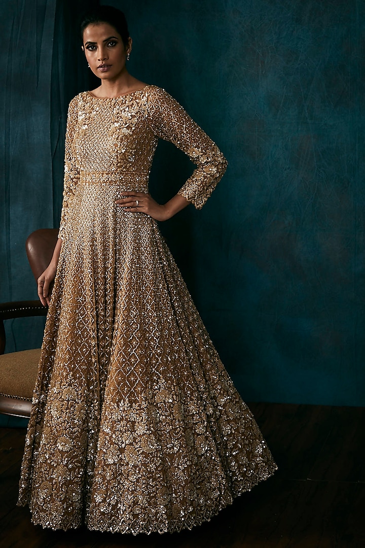 Gold Embroidered Gown With Dupatta by Seema Gujral